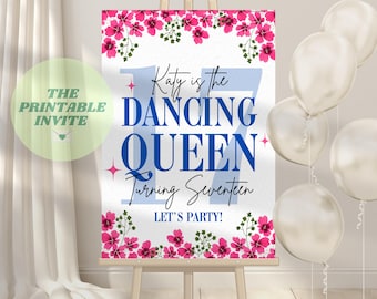 Cartello di benvenuto per il compleanno di Mamma Mia: Dancing Queen 17, modello Canva modificabile (download digitale)