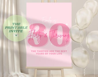 Cartello di benvenuto per un compleanno trentenne, civettuolo e prospero: modello Canva rosa (download digitale)