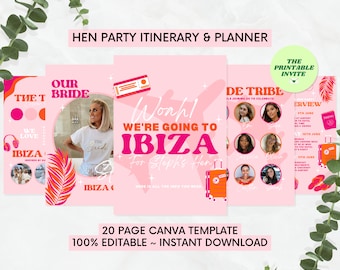 Editable Hen Bachelorette Party Itinerary | Ibiza Destination Canva Template | Weekend Planner 20 Page | Hen Do Invite | Digital Evite