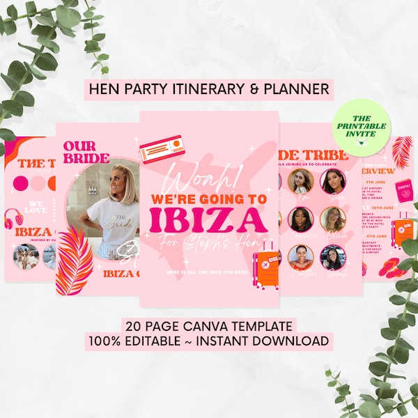 Itinerario editable de despedida de soltera / Plantilla Canva de destino de Ibiza / Planificador de fin de semana 20 páginas / Invitación de despedida de soltera / Evite digital