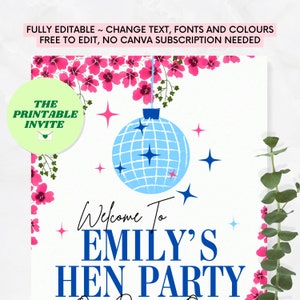 Puede incluir: Invitaci&oacute;n imprimible para una despedida de soltera con tem&aacute;tica de bola de discoteca. La invitaci&oacute;n presenta una bola de discoteca azul con estrellas rosas y azules, flores rosas y el texto "Bienvenido a la despedida de soltera de Emily".