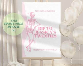 Riposa in pace alla mia bacheca di benvenuto per i vent'anni: modello Canva per la festa dei trent'anni in rosa (download digitale)