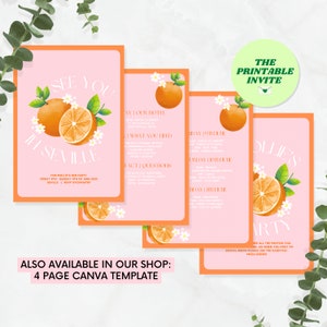 May include: Printable invitation for a hen party in Seville, Spain. The invitation features a pink background with orange slices and white flowers. The text on the invitation says "See you in Seville" and includes details about the party, such as the dates and RSVP information.