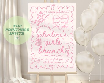 Cartello di benvenuto per il brunch delle ragazze di Galentine: tema fiocco rosa (download digitale del modello Canva)