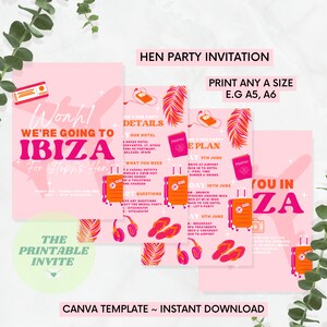 May include: A pink printable invitation for a hen party in Ibiza, Spain. The invitation features a suitcase, palm trees, and the text "Wonh! We're going to Ibiza for Steph's Hen".