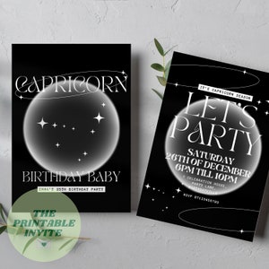 山羊座の季節 ブラック | 星座占い 編集可能な誕生日パーティー招待状 | パーソナライズされたイベント招待状 | デジタル招待状 | Canva テンプレート