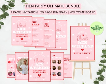 Pink Hen Party Bundle: Invitation, Itinerary, Welcome Board (Canva Template)