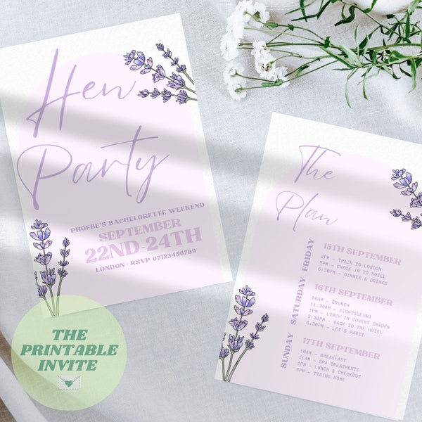 Hen Bachelorette Party Invitation | Lavender Invite and Itinerary | Canva Template | Fully Editable Printable or Digital Invite | Custom