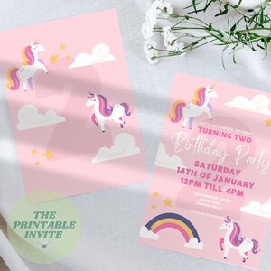 Two Unicorn | Children’s Birthday Party Invitation | Canva Template | Fully Editable Printable or Digital Invite | Personalised Invitation