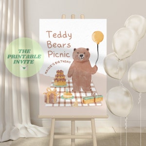 Bacheca di benvenuto per la festa di compleanno dei bambini modificabile da picnic con orsacchiotto / modello Canva / sfondo con cartello a tema per bambini / arredamento personalizzato per eventi