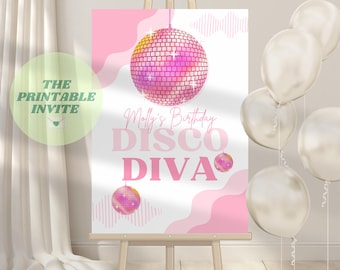 Cartello di benvenuto per compleanno con cowgirl disco rosa: tema anni '70 (download digitale del modello Canva)