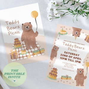 Picnic con orsacchiotti, invito a una festa di compleanno per bambini, modello Canva, invito stampabile o digitale completamente modificabile, personalizzato