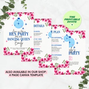 May include: Printable invitation for a hen party with a disco ball theme. The invitation features pink flowers, a blue disco ball, and the text "Join us for a Hen Party for our Dancing Queen Emily".