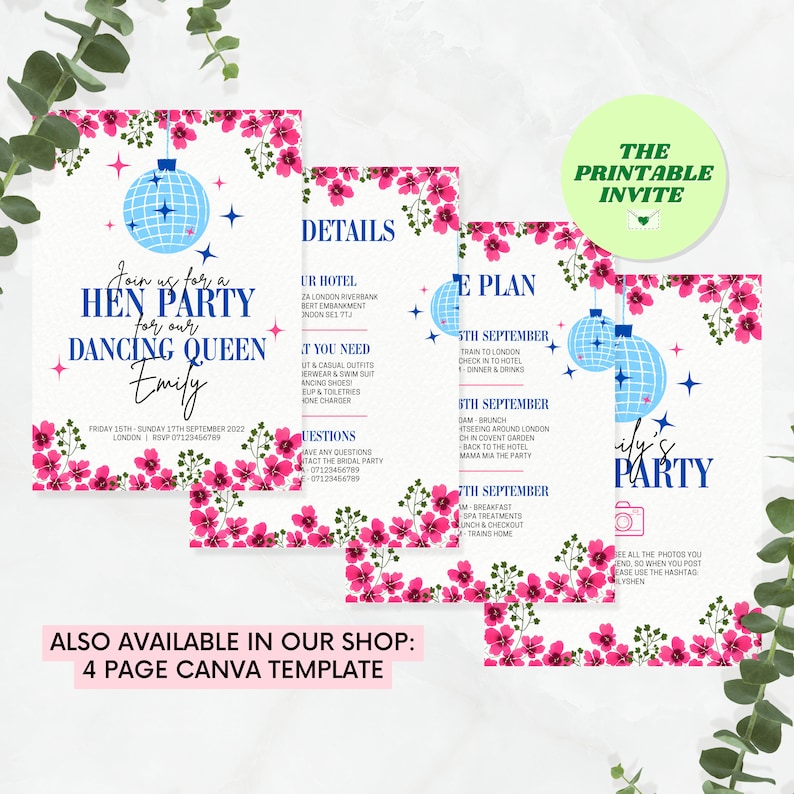 May include: Printable invitation for a hen party with a disco ball theme. The invitation features pink flowers, a blue disco ball, and the text "Join us for a Hen Party for our Dancing Queen Emily".