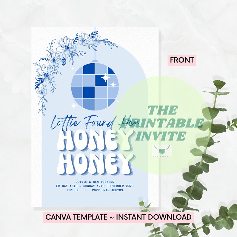 Puede incluir: Una invitaci&oacute;n imprimible para una despedida de soltera con una bola de discoteca y un dise&ntilde;o floral. El texto dice "Lottie Found Her Honey Honey" e incluye la fecha y la informaci&oacute;n de RSVP.