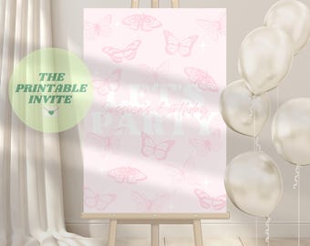 Cartello di benvenuto per compleanno a forma di farfalla: decorazione modificabile per feste in giardino (download digitale)