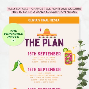 Puede incluir: Una invitaci&oacute;n imprimible para una fiesta con tem&aacute;tica de fiesta. La invitaci&oacute;n tiene un sombrero colorido, un vaso de margarita y texto que dice "The Printable Invite" y "The Plan". La invitaci&oacute;n incluye un cronograma para la fiesta, que incluye un viaje en tren a Londres, turismo y una fiesta.