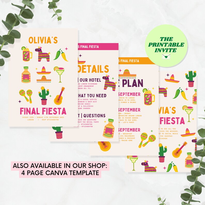 Puede incluir: Una invitaci&oacute;n imprimible para una fiesta final con un colorido tema mexicano. La invitaci&oacute;n incluye detalles sobre el hotel, qu&eacute; llevar y el cronograma de eventos. El texto de la invitaci&oacute;n dice "Olivia's Final Fiesta" y "The Printable Invite".