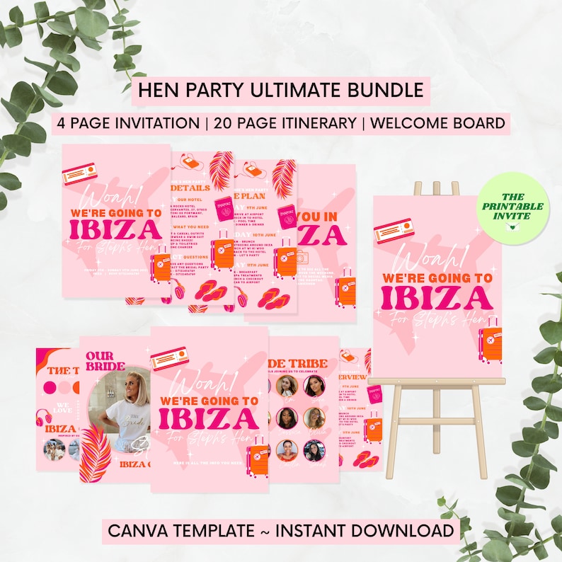 May include: A pink and orange printable hen party invitation set with the text "Woahl! We're going to Ibiza for Steph's Hen". The set includes a welcome board, itinerary, and invitation cards.