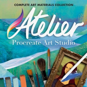 May include: A digital art collection titled Atelier Procreate Art Studio featuring a colorful abstract background, various paintbrushes, pastel sticks, and a digital stylus resting on a framed portrait of a person with long dark hair.