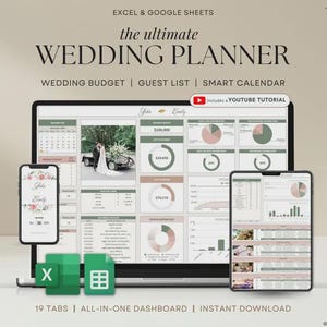 All-in-One Wedding Planner Spreadsheet (Excel & Google Sheets) – Budget, Guest List, Seating Plan