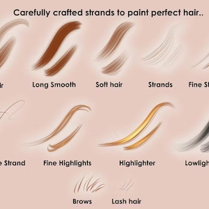 Puede incluir: Una ilustración digital que muestra diferentes trazos de pincel para pintar el cabello. Los trazos de pincel están etiquetados con nombres como "Cabello sedoso", "Liso largo", "Cabello suave", "Hebras", "Hebras finas", "Hebra única", "Resaltes finos", "Resaltador", "Atenuador", "Cejas" y "Pestañas".