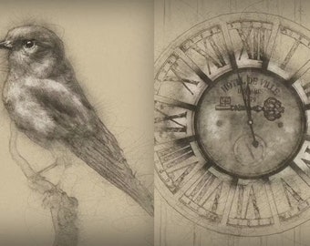 Peut inclure: Un dessin au crayon noir et blanc d'un oiseau perché sur une branche, à côté d'un cadran d'horloge vintage avec des chiffres romains et le texte "Hotel de Ville De Paris 1779".