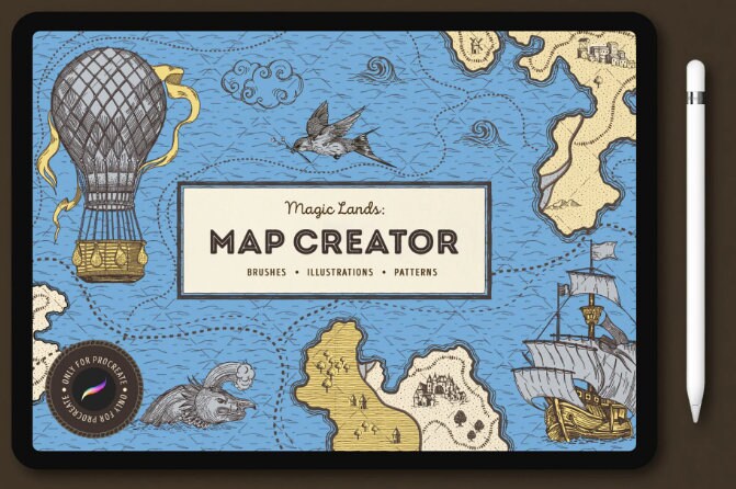 Procreate vintage Map Creator, 97 brushes, border, pattern, outline, building, mountain, trees and so on