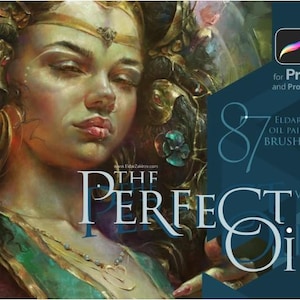 Könnte beinhalten: Eine digitale Illustration einer Frau mit einer Krone vor einem floralen Hintergrund. Der Text "The Perfect Oils" ist in großen weißen Buchstaben. Der Text "Eldar Zakirov's Oil Painting Brushes" ist in weißen Buchstaben. Der Text "87" ist in weißen Buchstaben. Der Text "Version 4" ist in weißen Buchstaben. Der Text "for Procreate and Procreate Pocket" ist in weißen Buchstaben.