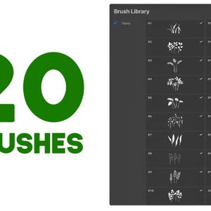 May include: The image shows 20 plant brushes. The number 20 and the word BRUSHES are in green, bold text. A dark grey panel on the right displays a library of plant illustrations, each numbered and labelled.