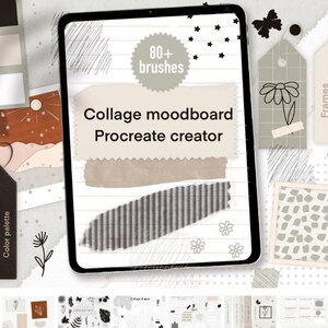Puede incluir: La pantalla de una tableta digital muestra un moodboard de collage Procreate creator con más de 80 pinceles. La pantalla está rodeada de varias pegatinas digitales, incluidos marcos, cinta washi y texturas de papel rasgado.