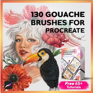 Può includere: Un set di arte digitale con 130 pennelli gouache per Procreate, mostrato con un tucano, una persona con capelli bianchi e fiori rossi. L'immagine include il testo 130 GOUACHE BRUSHES FOR PROCREATE, 70 PROCREATE TUTORIALS e Free 65+ Tutorials.