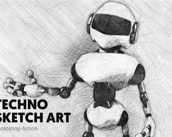 Peut inclure: Un croquis en noir et blanc d'un robot avec une tête, un corps et des membres arrondis. Le robot a une visière et est posé avec un bras tendu. Le texte "TECHNO SKETCH ART" est en bas, avec "Photoshop Action" en dessous.