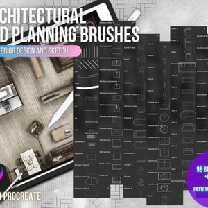 Könnte beinhalten: Architektur- und Planungs-Pinsel-Set für Innenarchitektur und Skizzen, mit dem Text "ARCHITECTURAL AND PLANNING BRUSHES" und "FOR INTERIOR DESIGN AND SKETCH". Enthält 98 Pinsel und ein Geschenk, mit einem Musterpinselset, für Procreate.