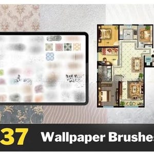 May include: An image featuring a digital tablet displaying various wallpaper brush designs. The tablet is positioned above a graphic of a house floor plan. The number "37" in yellow is next to the words "Wallpaper Brushes".