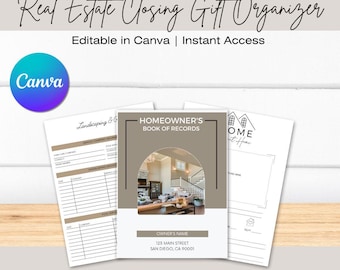May include: A digital template bundle for a homeowner's book of records. The cover features a photo of a modern home interior with a staircase and a large window. The text "HOMEOWNER'S BOOK OF RECORDS" is displayed in a brown rectangle with a rounded arch at the top. The text "25+ PAGES OF DIGITAL TEMPLATE BUNDLE!" is displayed at the bottom of the image.