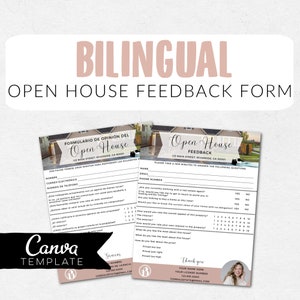 May include: A bilingual open house feedback form with a photo of a house in the background. The form includes questions in both English and Spanish about the home's features, the agent's service, and the overall experience.