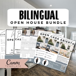 May include: A bilingual open house bundle template for real estate agents. The template includes a sign, a flyer, and a business card. The flyer features a photo of a house and the text "Casa Abierta" in Spanish. The business card includes the realtor's name, phone number, and email address.