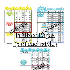 May include: Two bingo cards with a summer theme. The first card features lemons and limes and the second card features seashells. Each card has a grid with the letters B, I, N, G, and O at the top. The numbers 1-75 are randomly placed on the cards. The cards are labelled "Pool Party" and "Summer Fun".