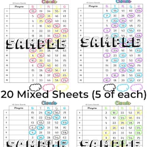 May include: Twenty bingo cards with a cloud theme. Each card has a 5x5 grid with numbers 1-75. The cards are labelled with the letters B, I, N, G, and O. The cards are printed on white paper with black text and colourful cloud illustrations.