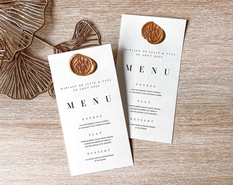 Menu individuel avec cachet de cire pour mariage, baptême ou anniversaire