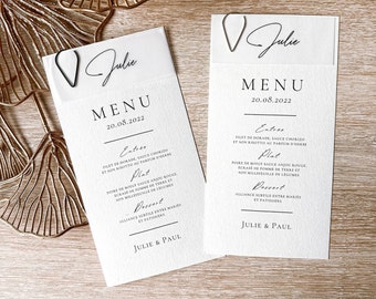 Menu individuel avec marque place calque et trombone décoratif pour mariage, baptême et anniversaire