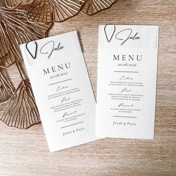 Menu individuel avec marque place calque et trombone décoratif pour mariage, baptême et anniversaire