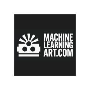 Może przedstawiać: Białe logo na czarnym tle. Logo przedstawia stylizowaną głowę robota z promieniami słońca nad nią. Tekst "MACHINE LEARNING ART.COM" znajduje się pod głową robota.