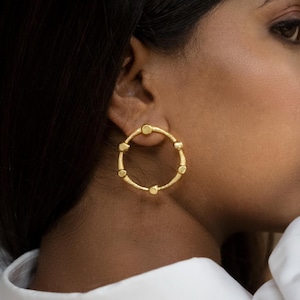 Gold Textured Hoop Earrings | Handmade Brass Statement Hoops | Lightweight Gold-Plated Circle Earrings | Boho Chic Jewelry Gift for her