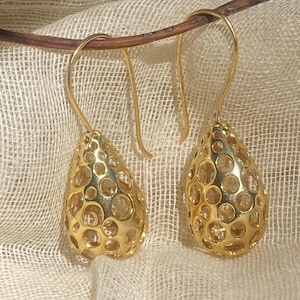 Golden Honeycomb 3D Geometric Earrings bathed in 18k gold ~ Dangle drop earrings ~ Gift for her ~ Nature inspired Handmade Bee hive earrings