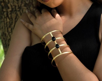 Designer Gold Bracelet Cuff ~ Gold Cuff Handmade Jewelry ~ Black Onyx Statement Cuff Brass ~ Christmas Gift for her ~ Fashion Jewelry