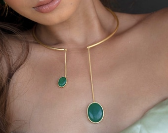 Collier ras du cou en onyx vert, bijoux faits main, collier en or, bijoux en laiton, cadeau de Noël pour elle, bijoux tendance, DIORA