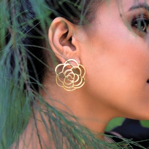 Gold Flower Stud Earrings: Handmade Rose Floral Brass Jewelry