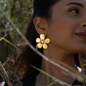 Gold Flower Earrings ~ Handmade jewelry ~ Big Floral Studs ~ Statement Earrings ~  Brass Jewelry ~ Gift for her ~ Western Wedding earrings